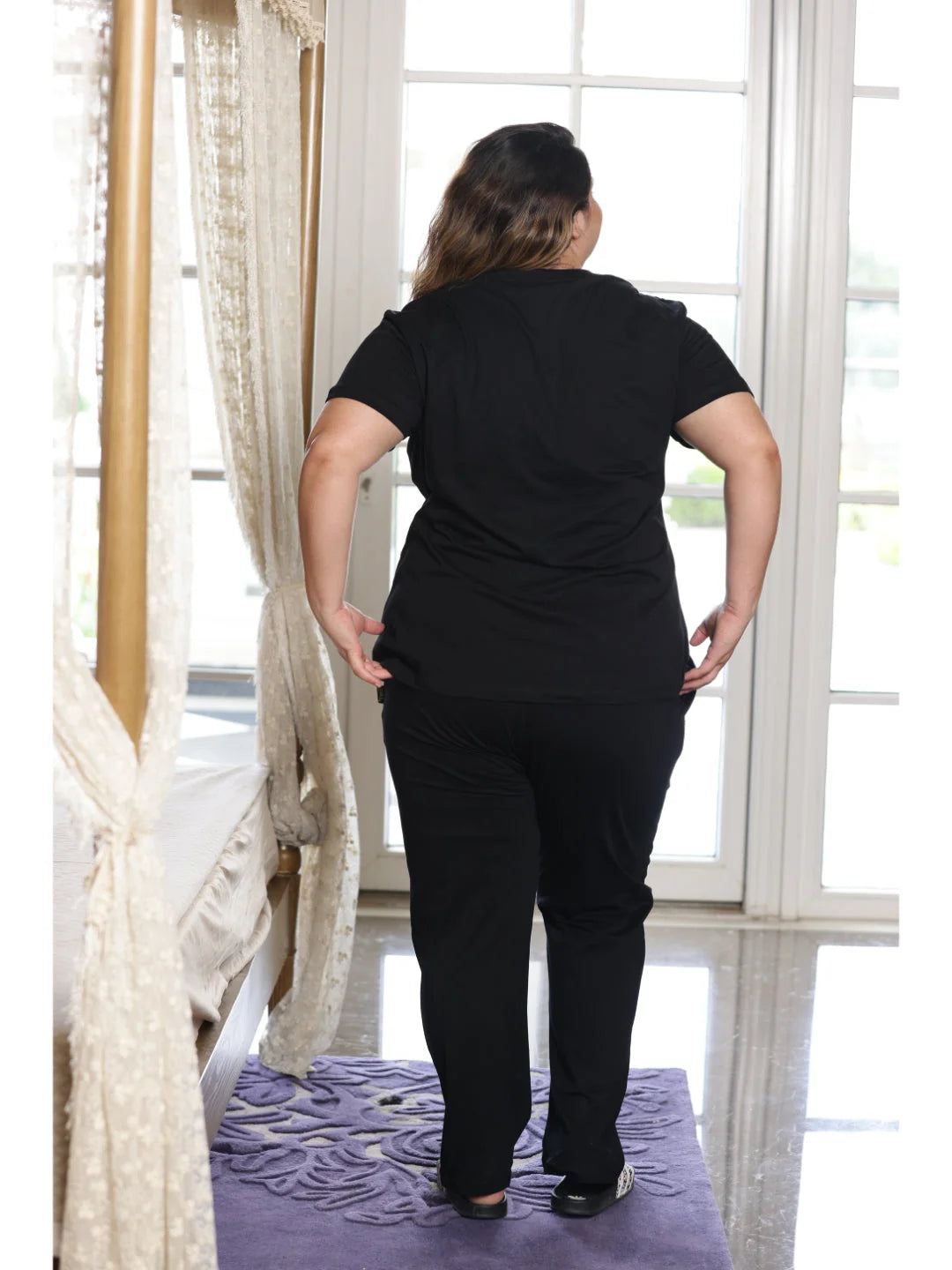 Black plus size night suits for ladies back view 