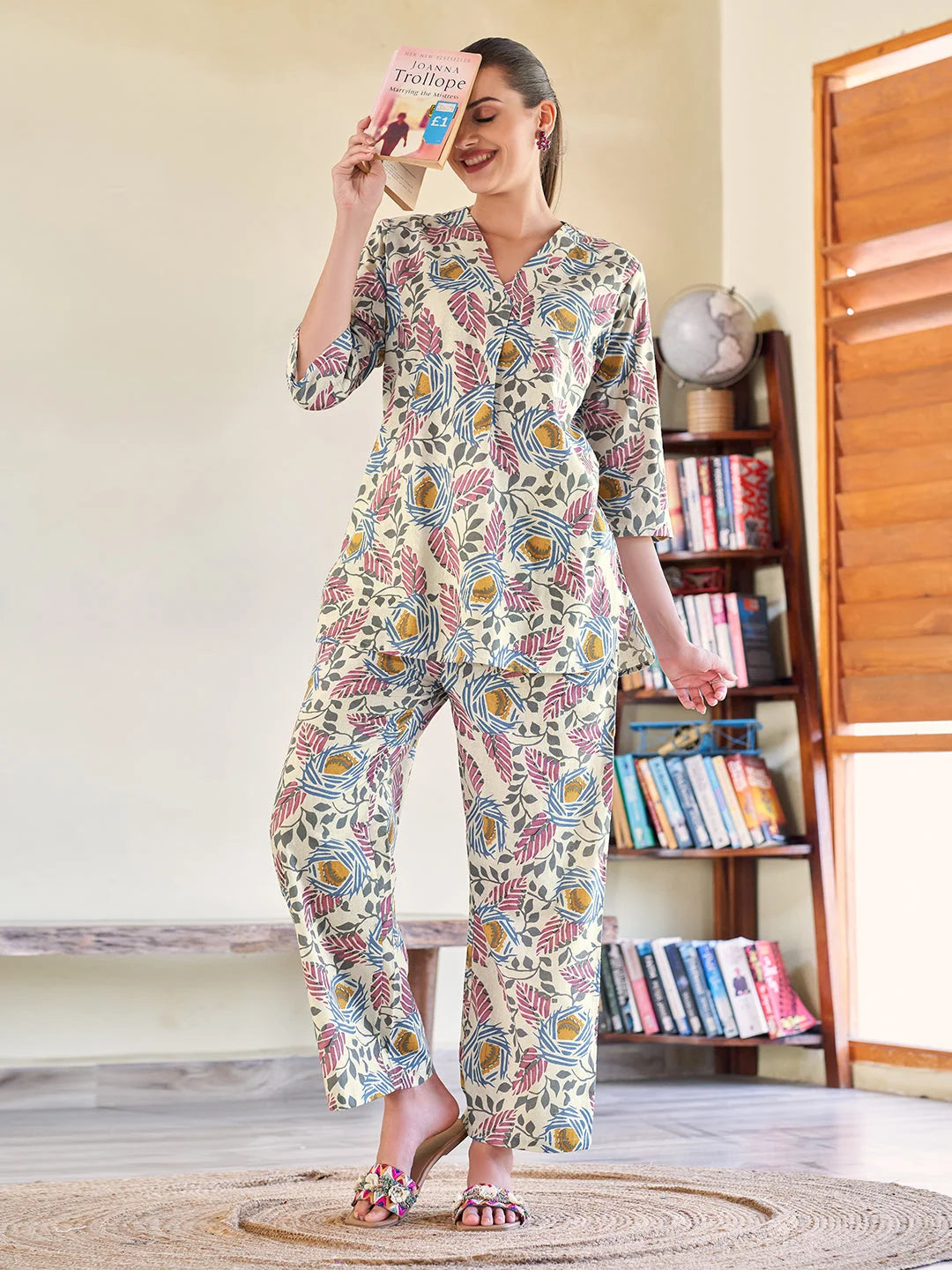 Blue Cotton V neck Co ord set online 