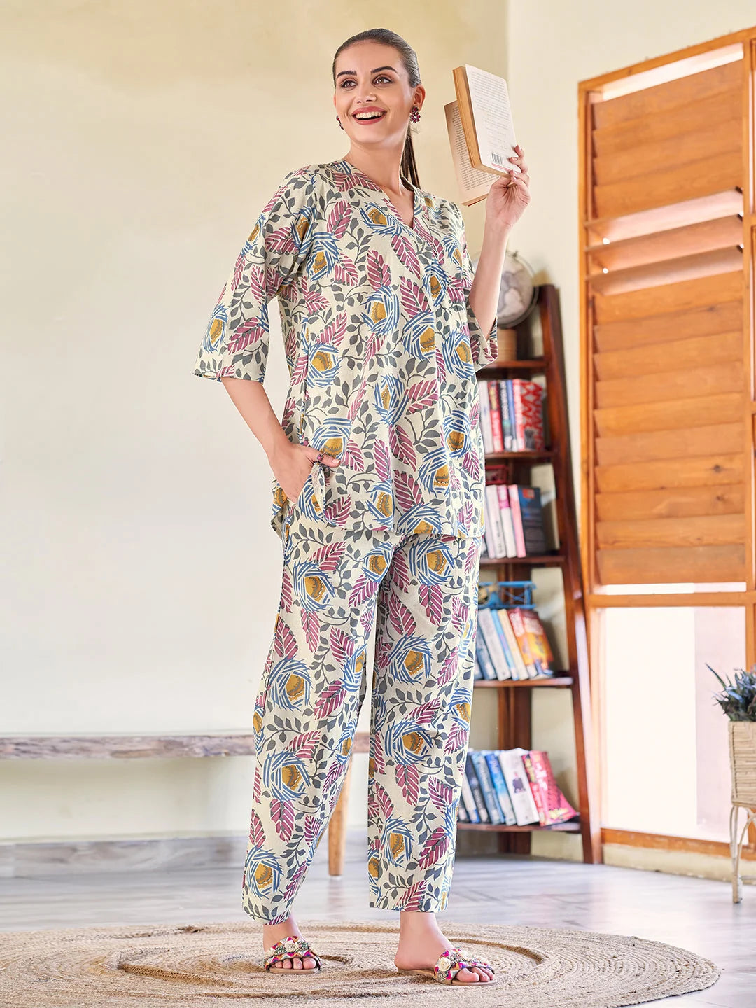 Blue Cotton V neck Co ord set online India Tittli 