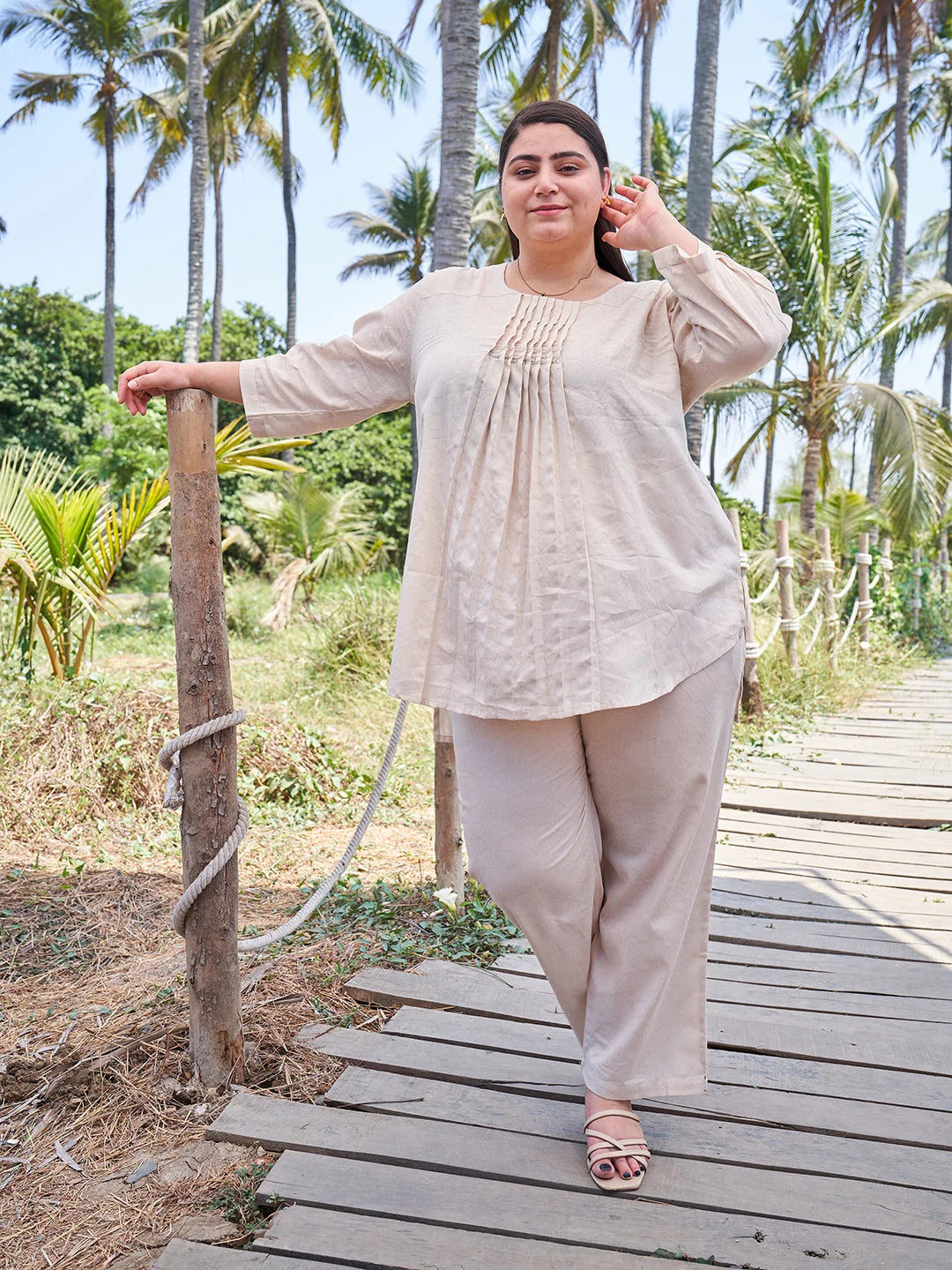 Cream Plus Size Pintuck Co ord Set for Women Front View 