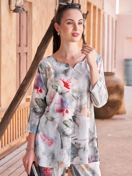 D. Grey Printed Co Ord Dress Sets for Women 
