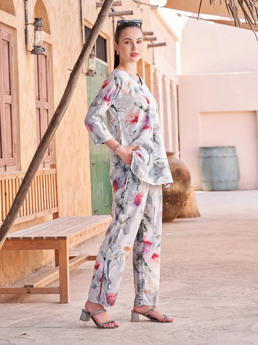 D. Grey Printed Co Ord Dress Sets for Women side view 
