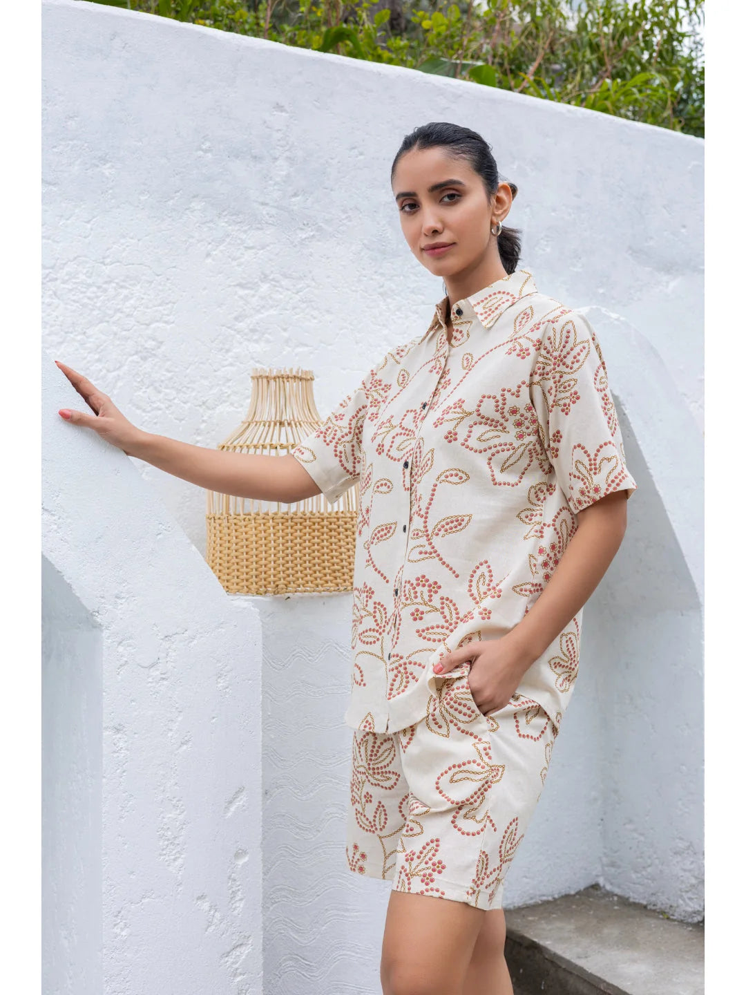 Golden shorts co ord set left profile 