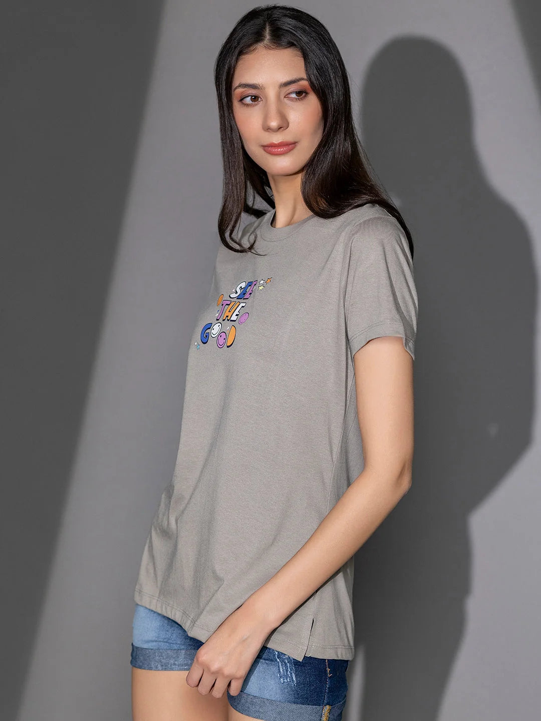 Graphic printed t shirts for women Ash STG