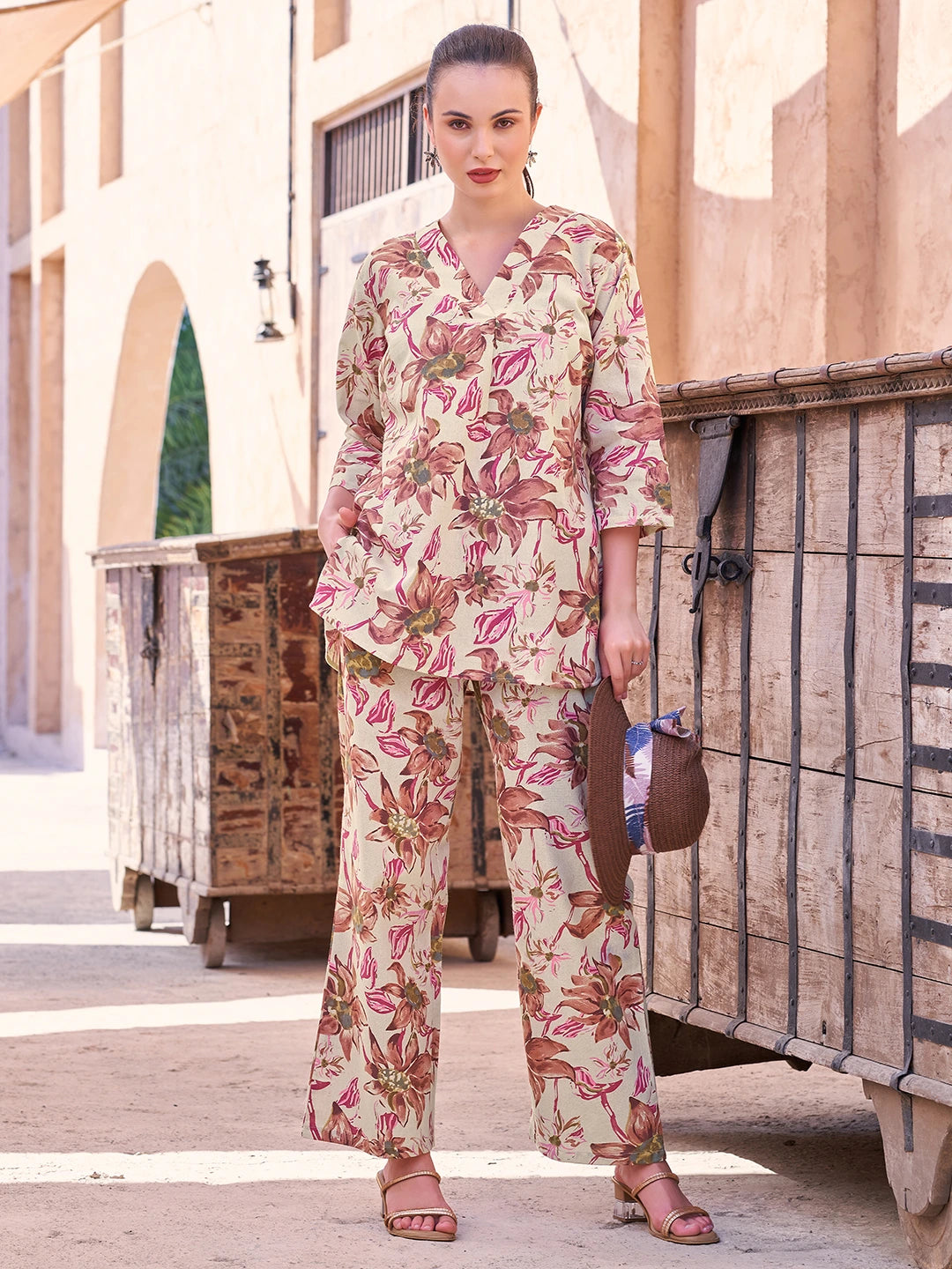 Maroon Floral Cotton Co Ord Set for Women Online Tittli 