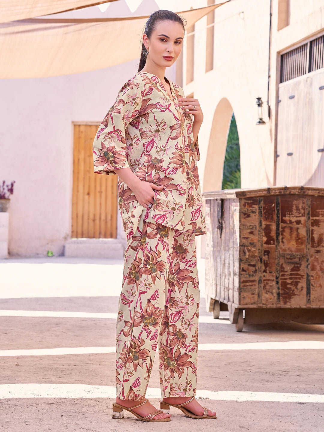 Maroon Floral Cotton Co Ord Set for Women Side View