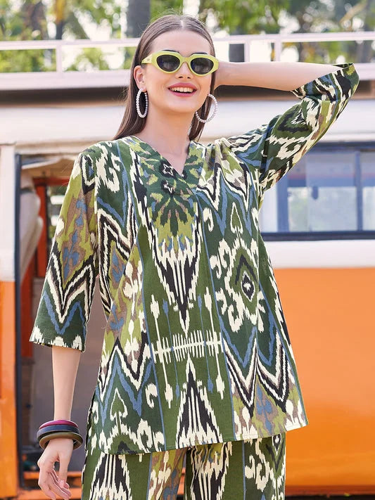 Mehndi Ikkat Printed V Neck Co Ord Sets