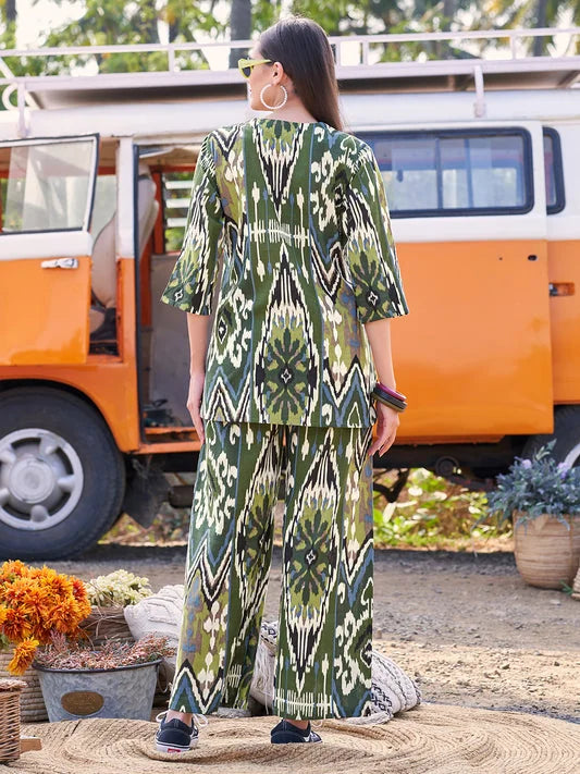 Mehndi Ikkat Printed V Neck Co Ord Sets back view