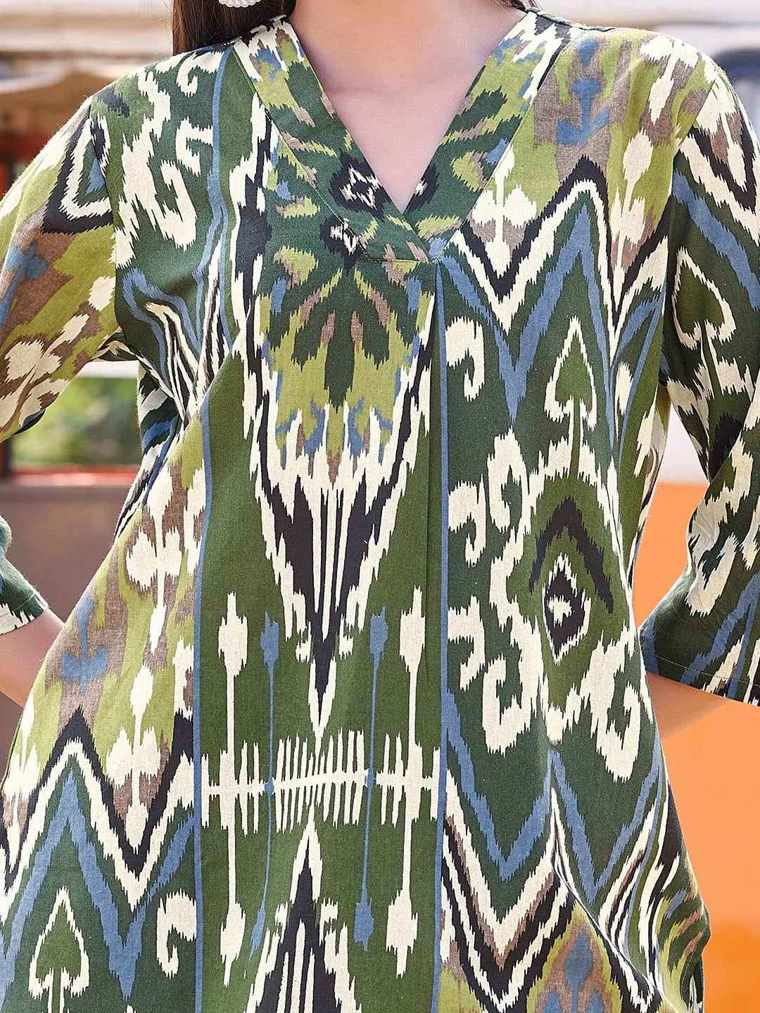 Mehndi Ikkat Printed V Neck Co Ord Sets closer view 