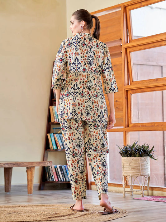 Navy Blue Printed cotton Co Ord Sets back view 
