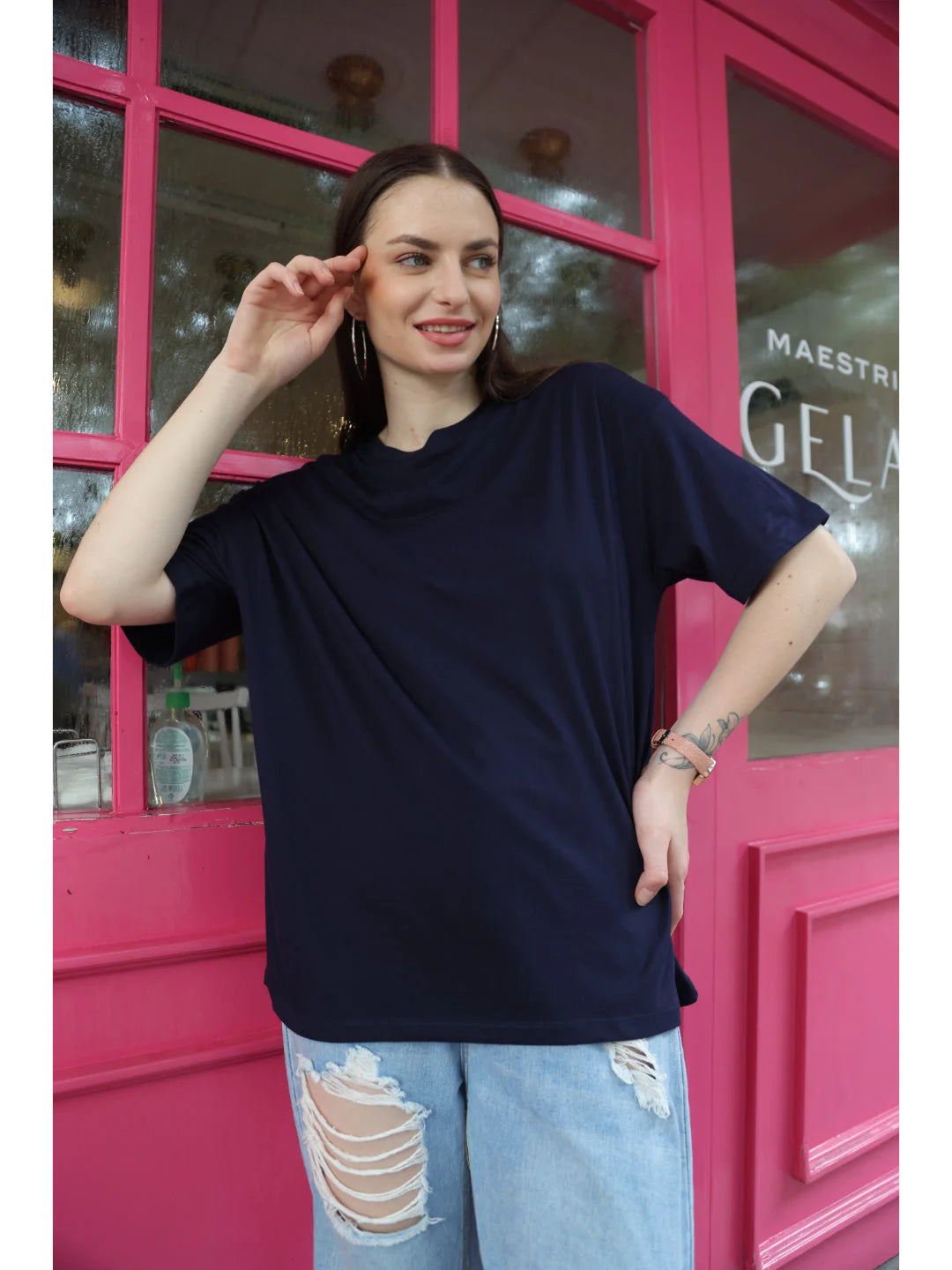 Navy Blue Trendy oversized t shirt for women outfit 