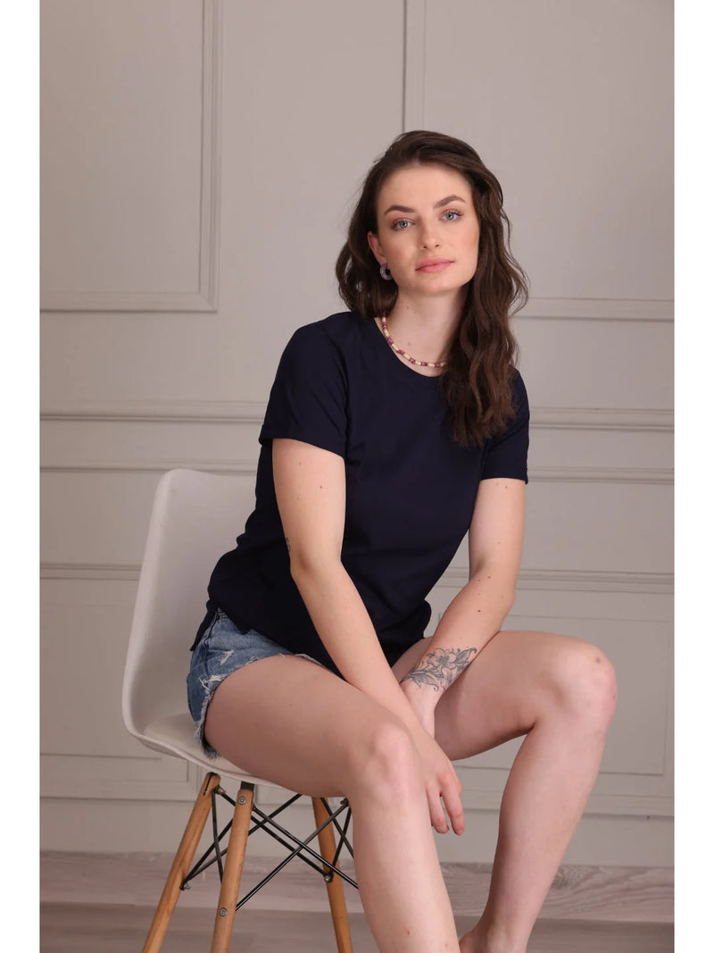 Navy Blue plain t shirts for women Sitting pose 