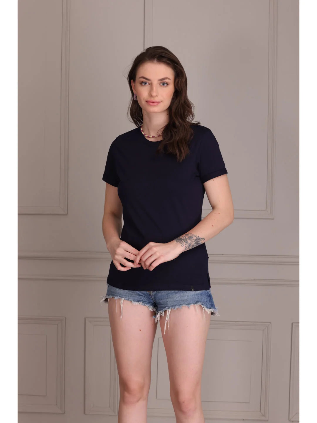 Navy Blue plain t shirts for women online Tittli 