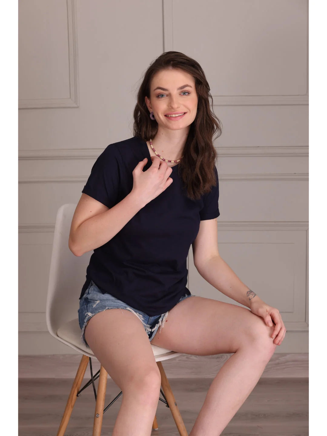 Navy Blue plain t shirts for women playful pose 
