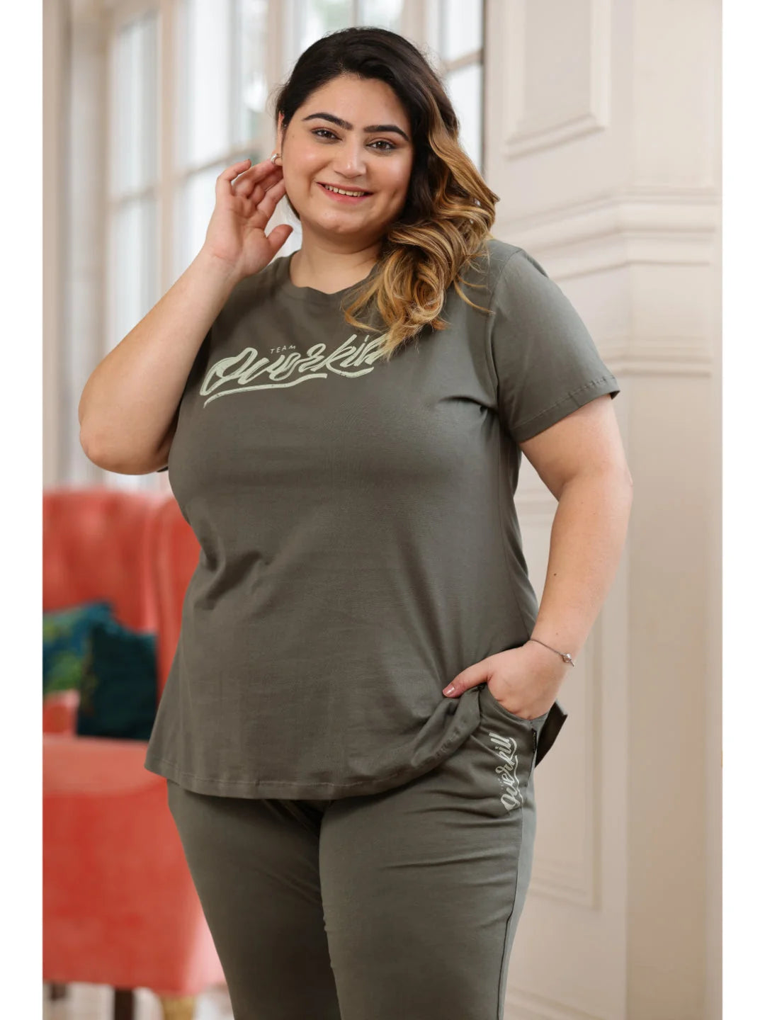 Olive plus size night suit for ladies stylish pose 