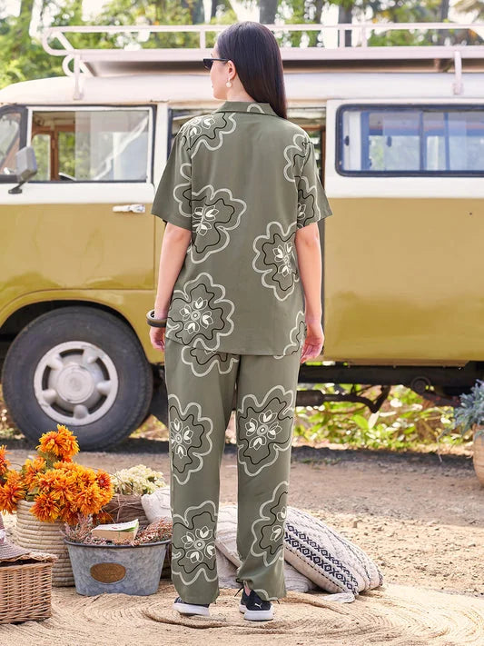 Olive printed co ord sets night suits back view 