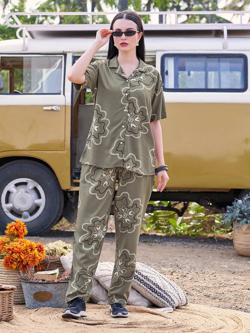Olive printed co ord sets night suits online 
