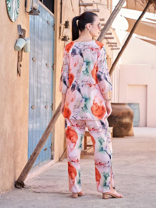 Orange Printed Rayon V neck Co ord set dresses for women Back View