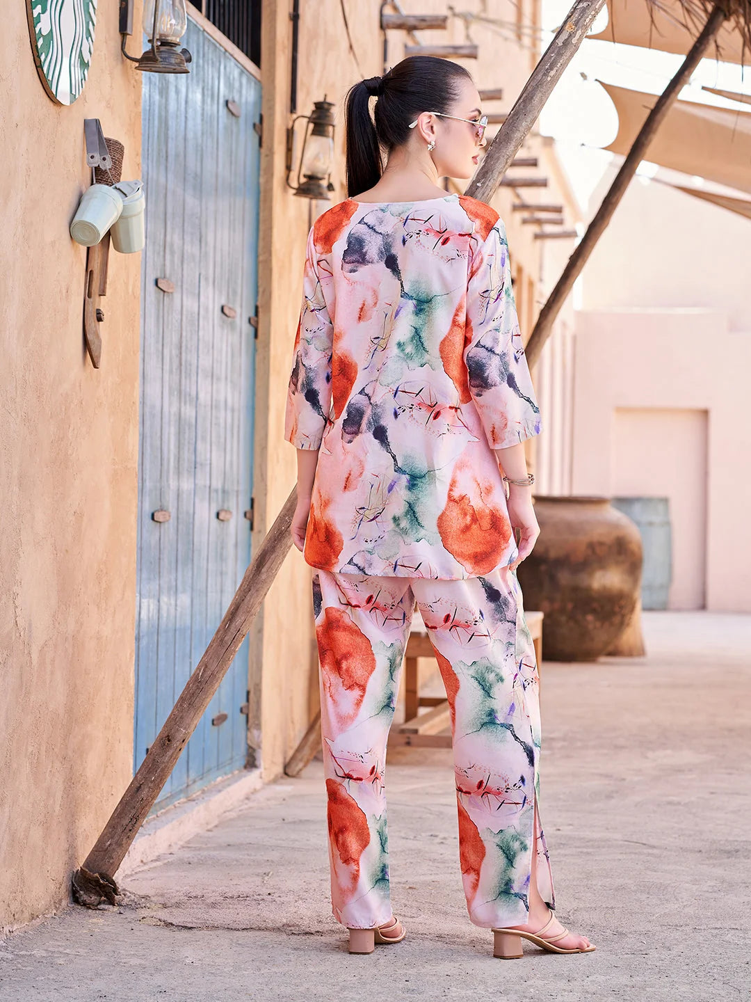 Orange Printed Rayon V neck Co ord set dresses for women Back View