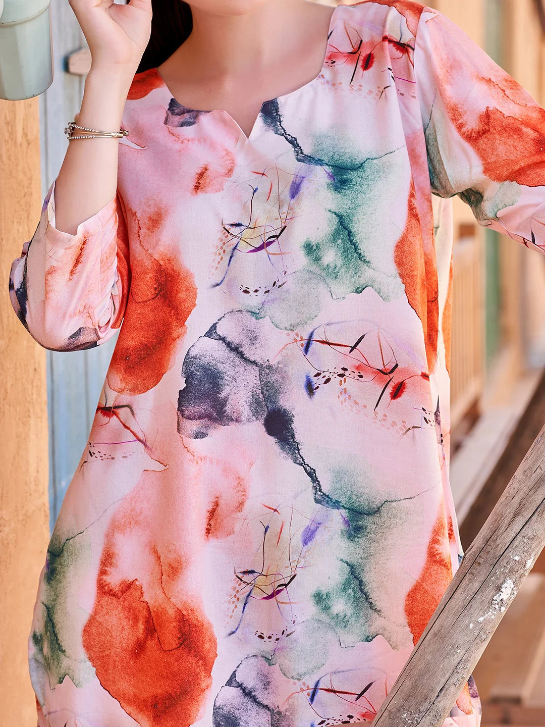 Orange Printed Rayon V neck Co ord set dresses for women closer look 