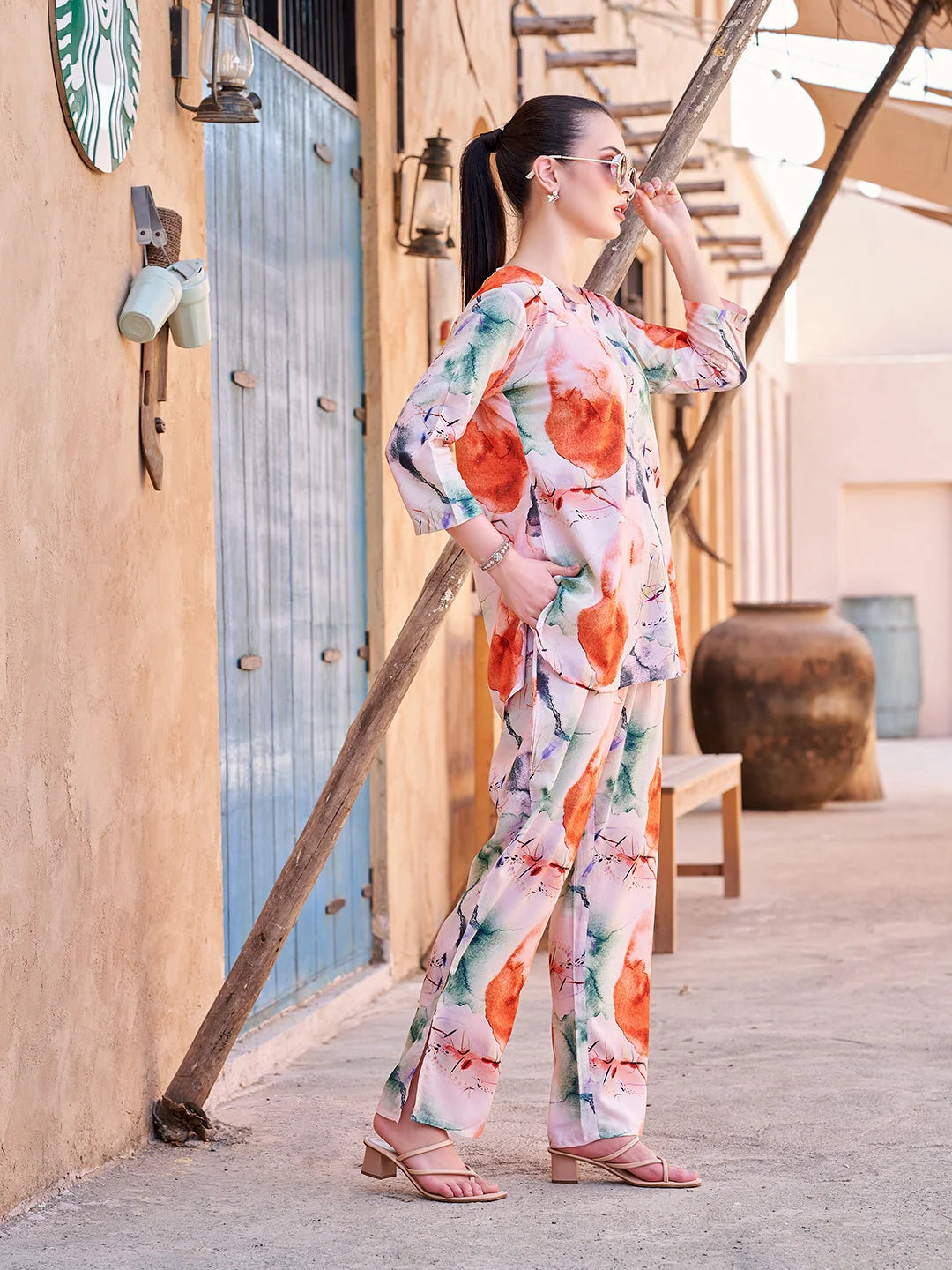 Orange Printed Rayon V neck Co ord set dresses for women side View 