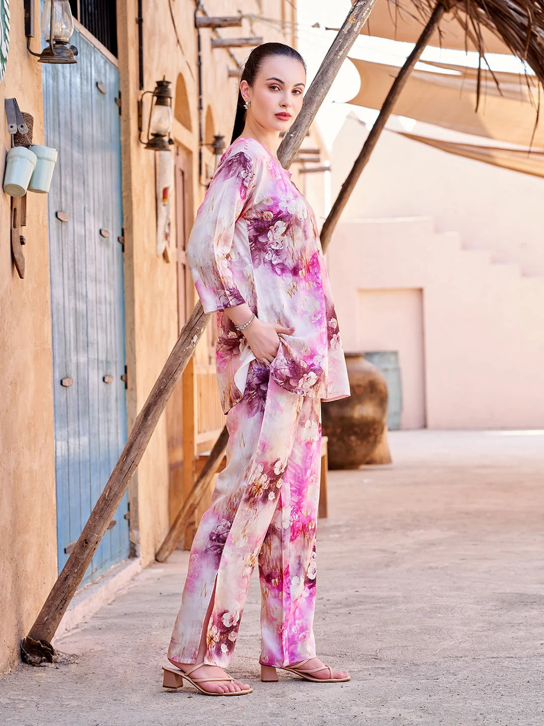 Pink Floral Casual Co Ord Sets side view 