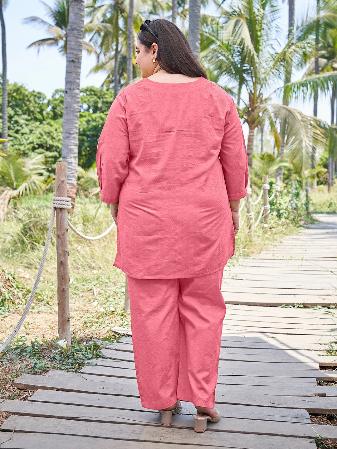 Pink Plus Size Pintuck Co ord Set for Women Back View