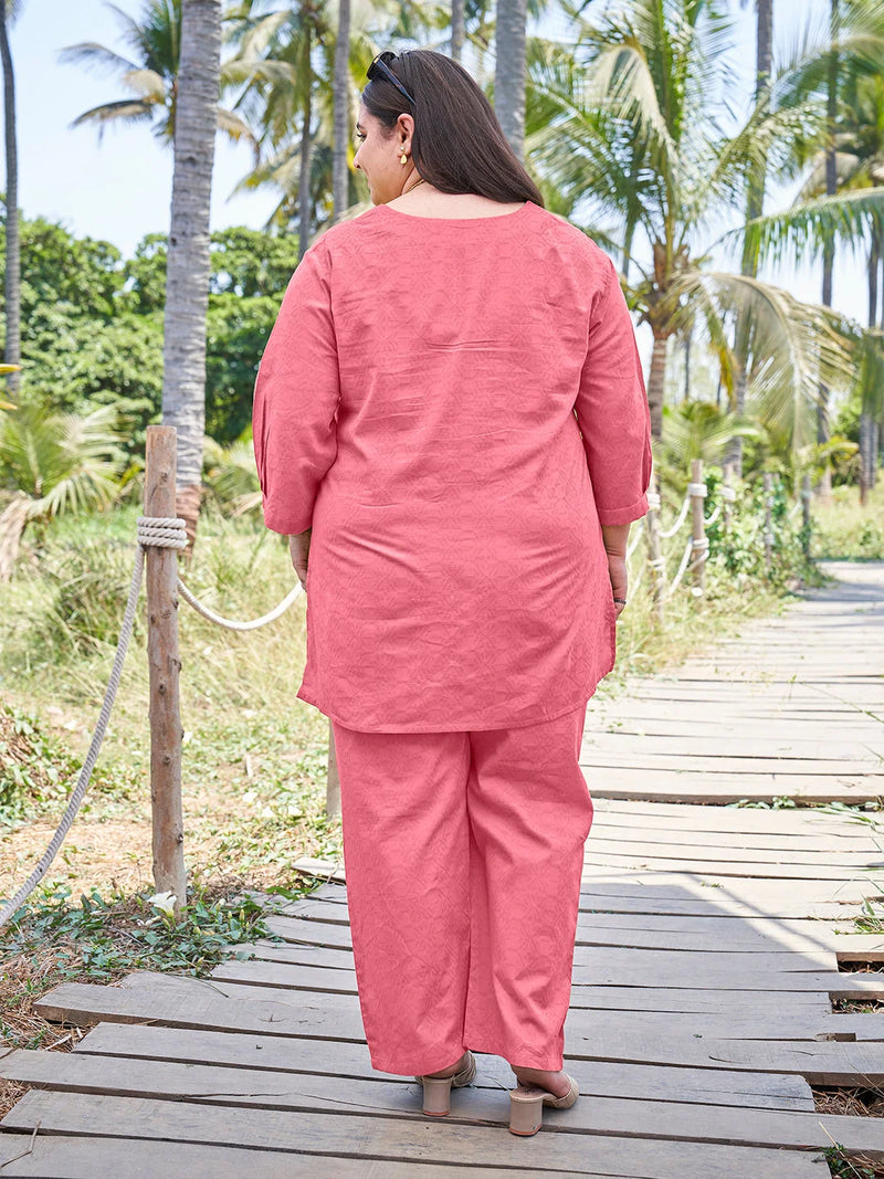 Pink Plus Size Pintuck Co ord Set for Women Back View