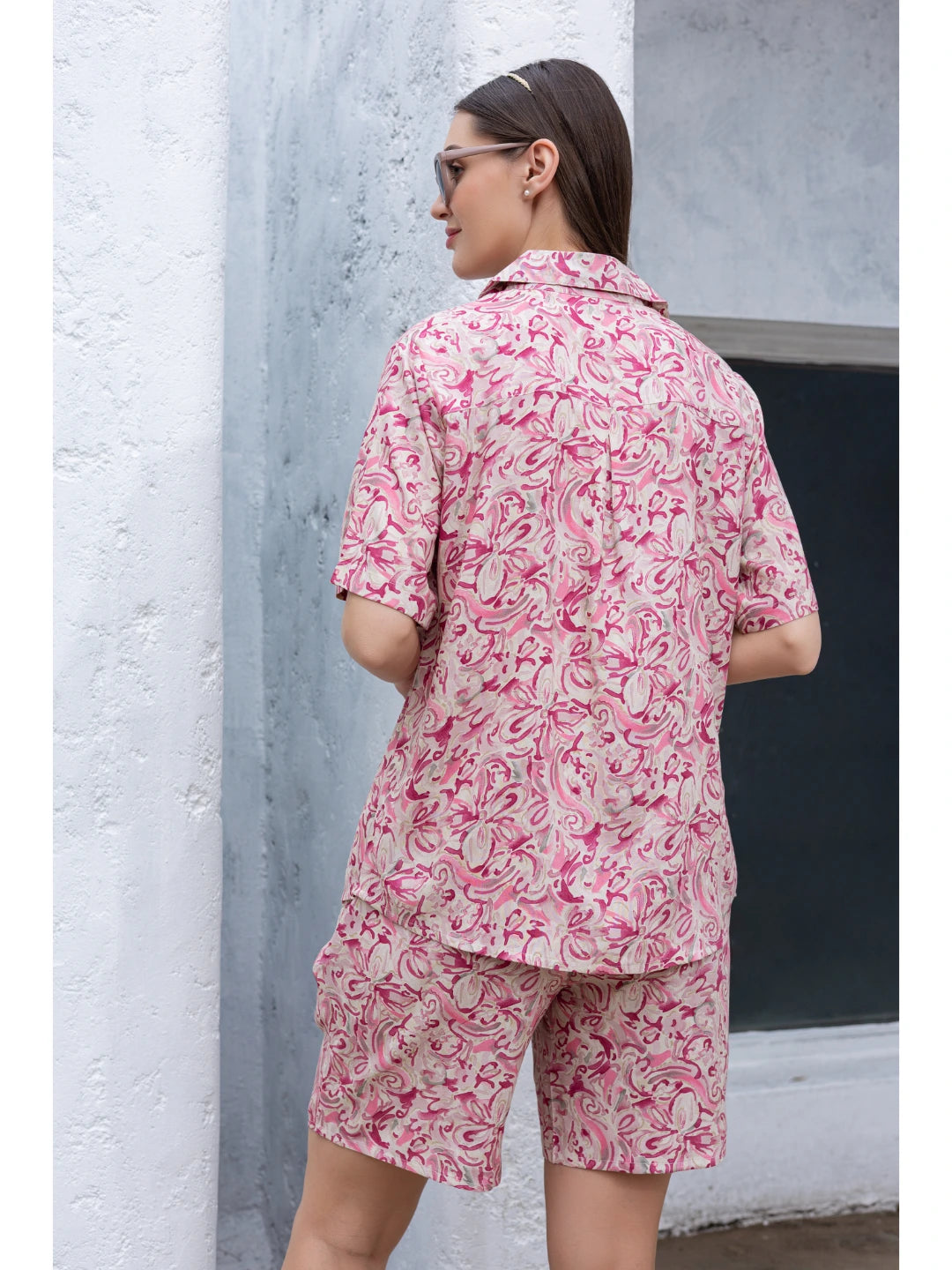 Pink night suit shorts set back view 