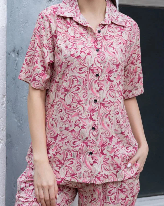 Pink night suit shorts set closer view 