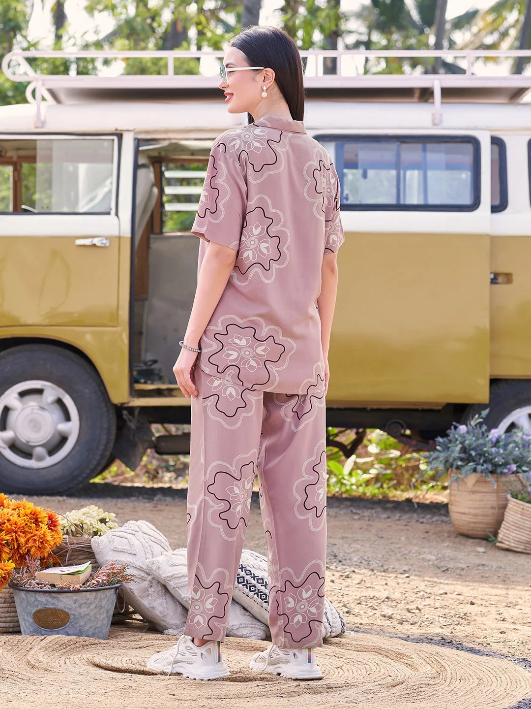 Pink printed co ord sets night suits back view 