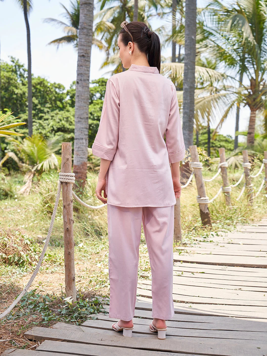Plain Cotton Co Ord Sets in Pink Tittli Back View 