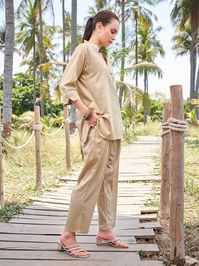 Plain Cotton Co-Ord Set in Skin Color for Women by Tittli