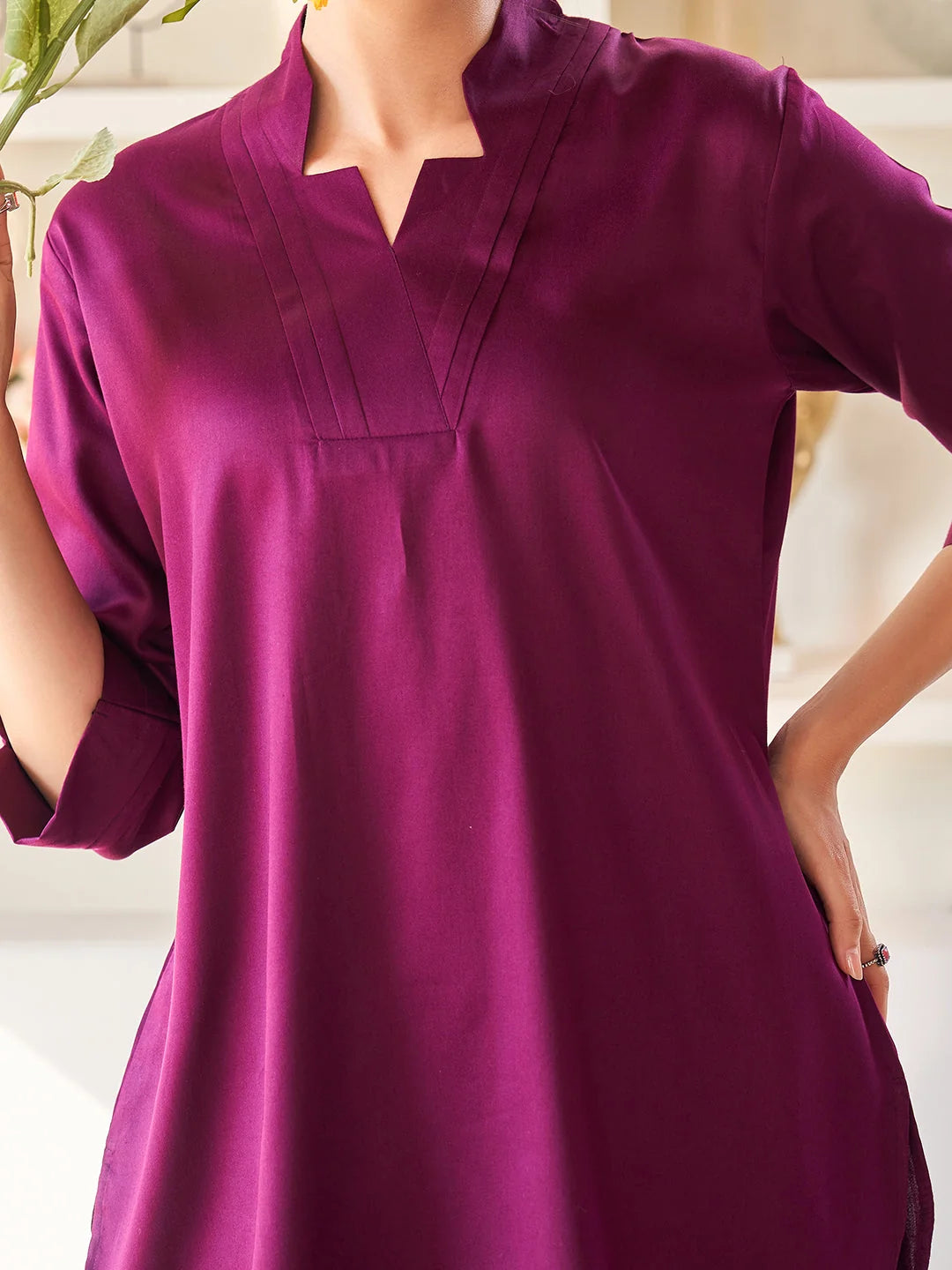 Plain Cotton Co Ord Sets in wine Closer look Tittli 