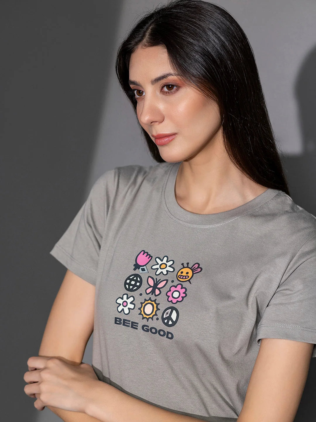 Printed t shirts for women closeup Ash BG 