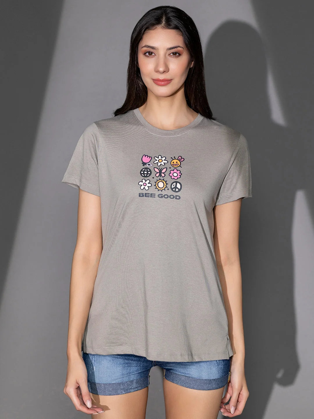 Printed t shirts for women front view Ash BG 