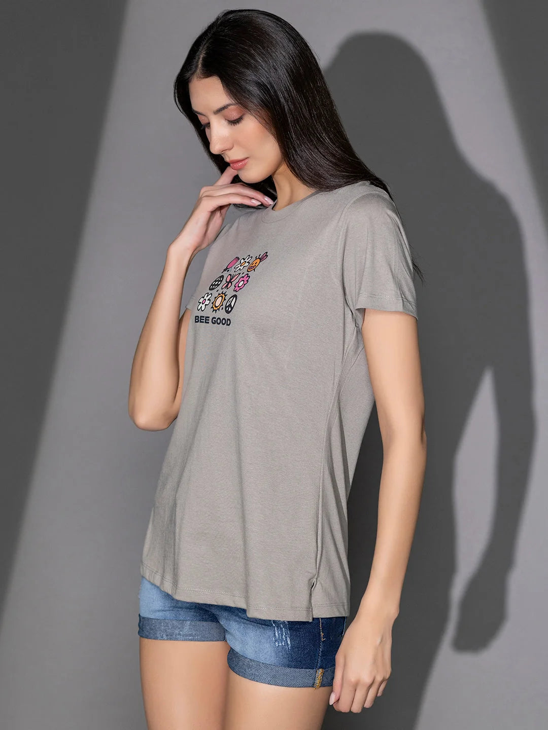 Printed t shirts for women side pose Ash BG 