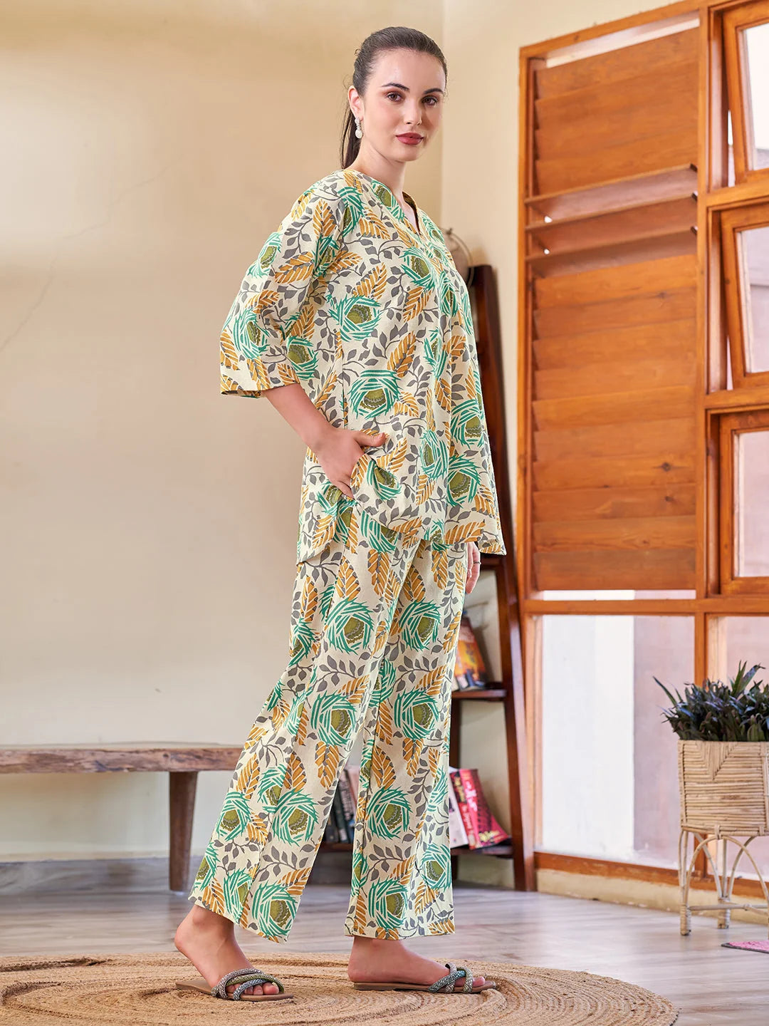 Rama Cotton V neck Co ord set side view 