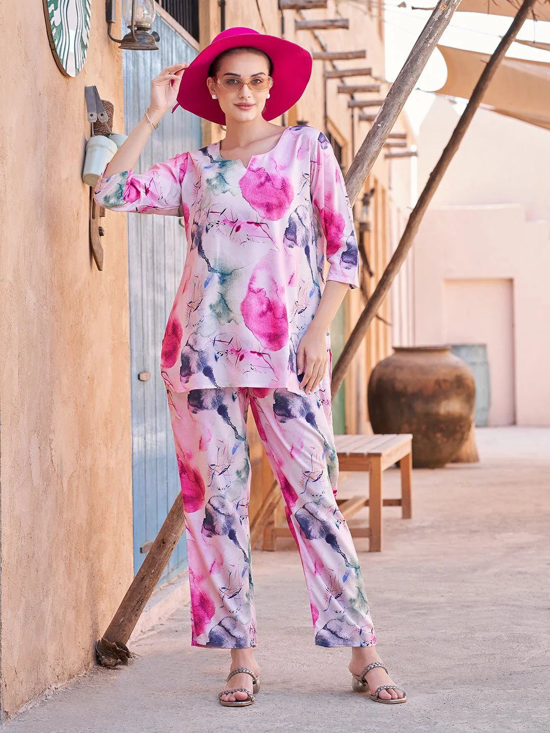 Rani Printed Rayon V neck Co ord set dresses India Tittli complete look 