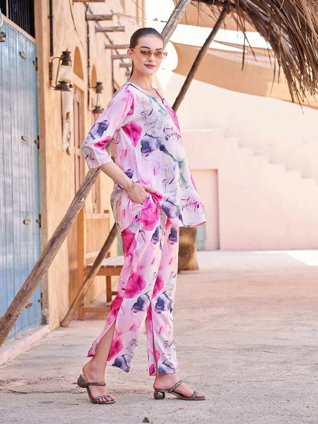 Rani Printed Rayon V neck Co ord set dresses for women India 