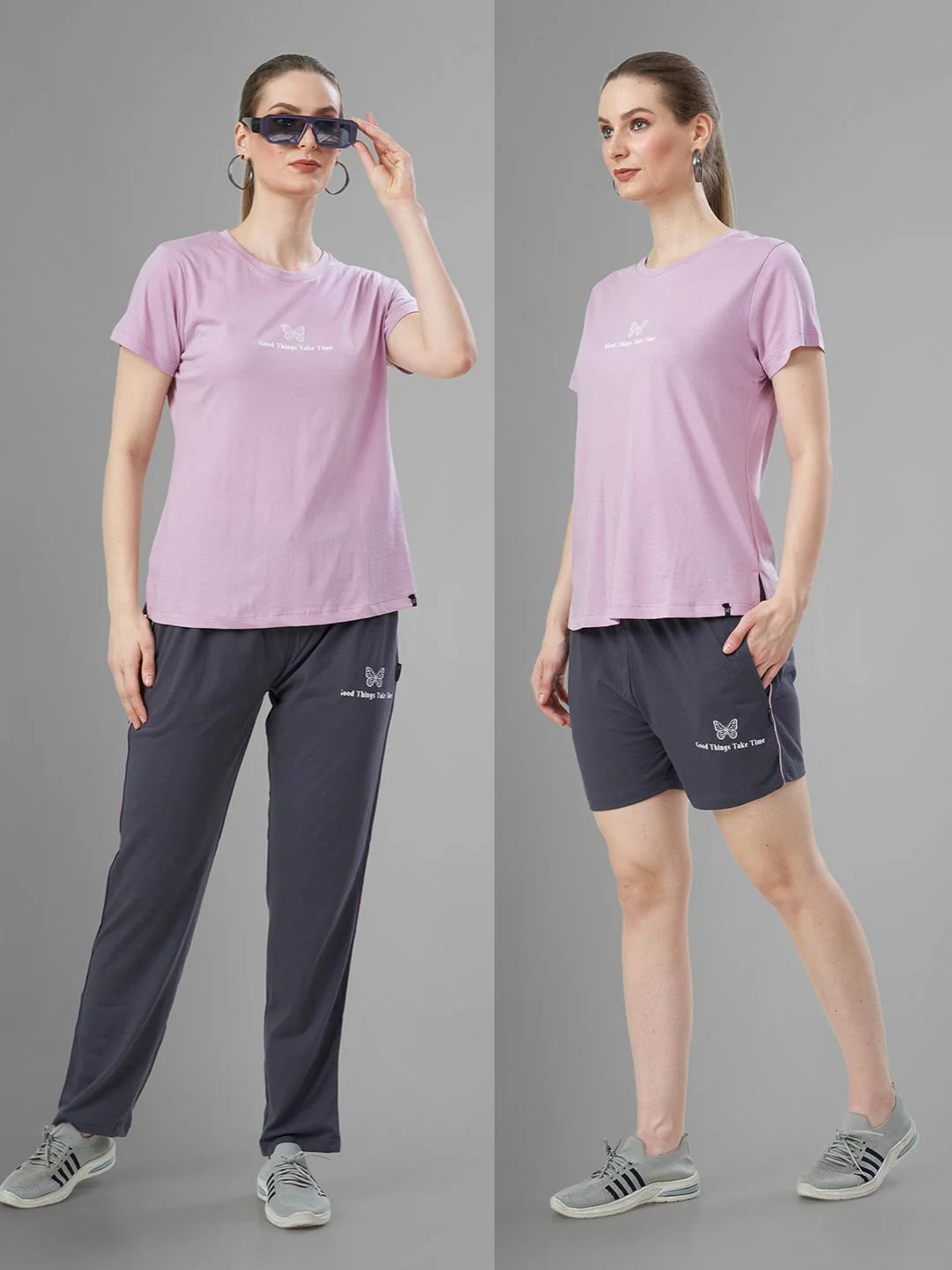 Rose Cotton Short Night Suit for Women Side by side view