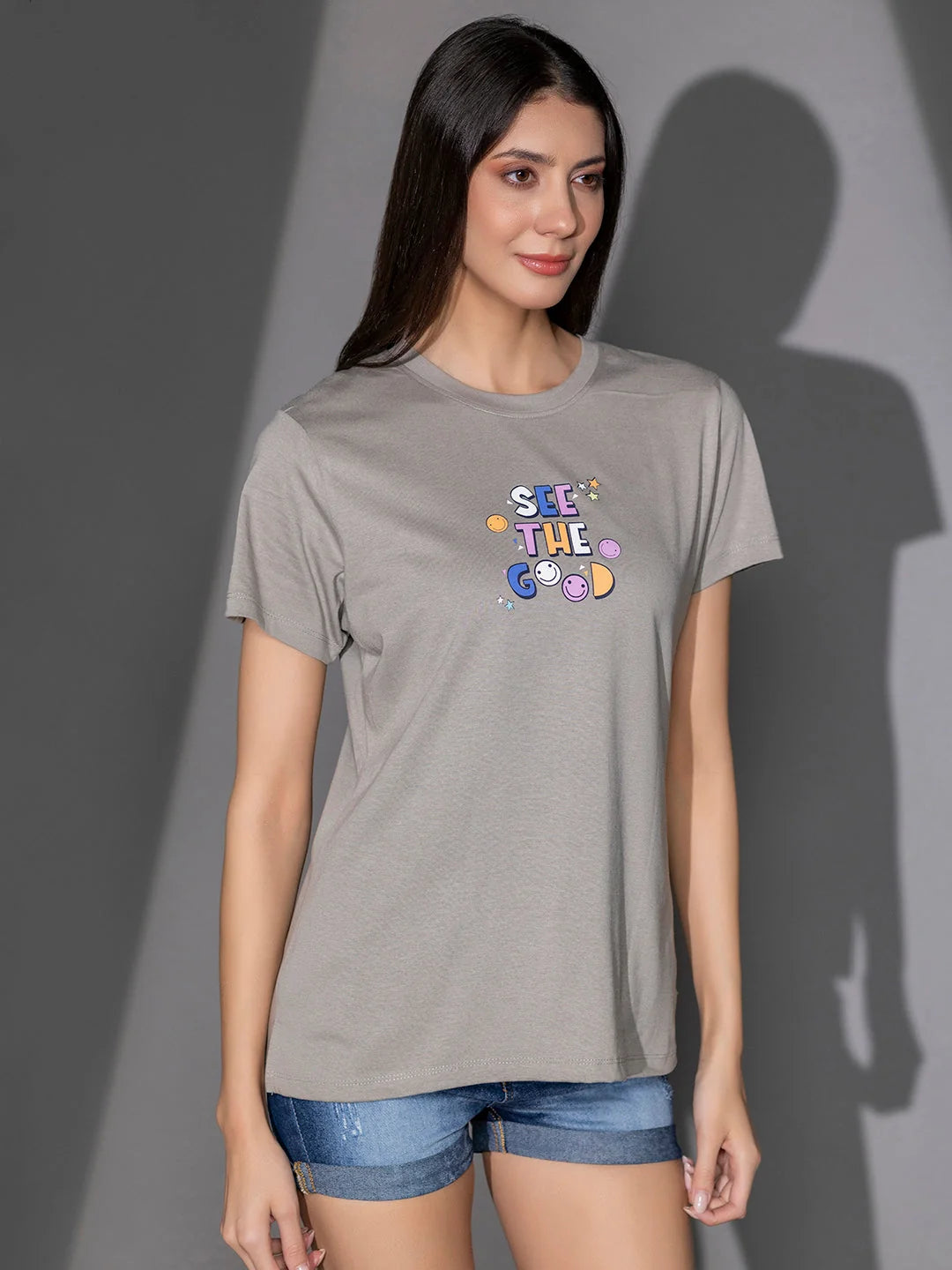 Round neck printed t shirts for women Ash STG 