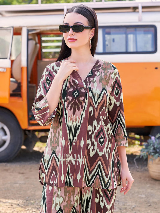 Rust Ikkat Printed V Neck Co Ord Sets 