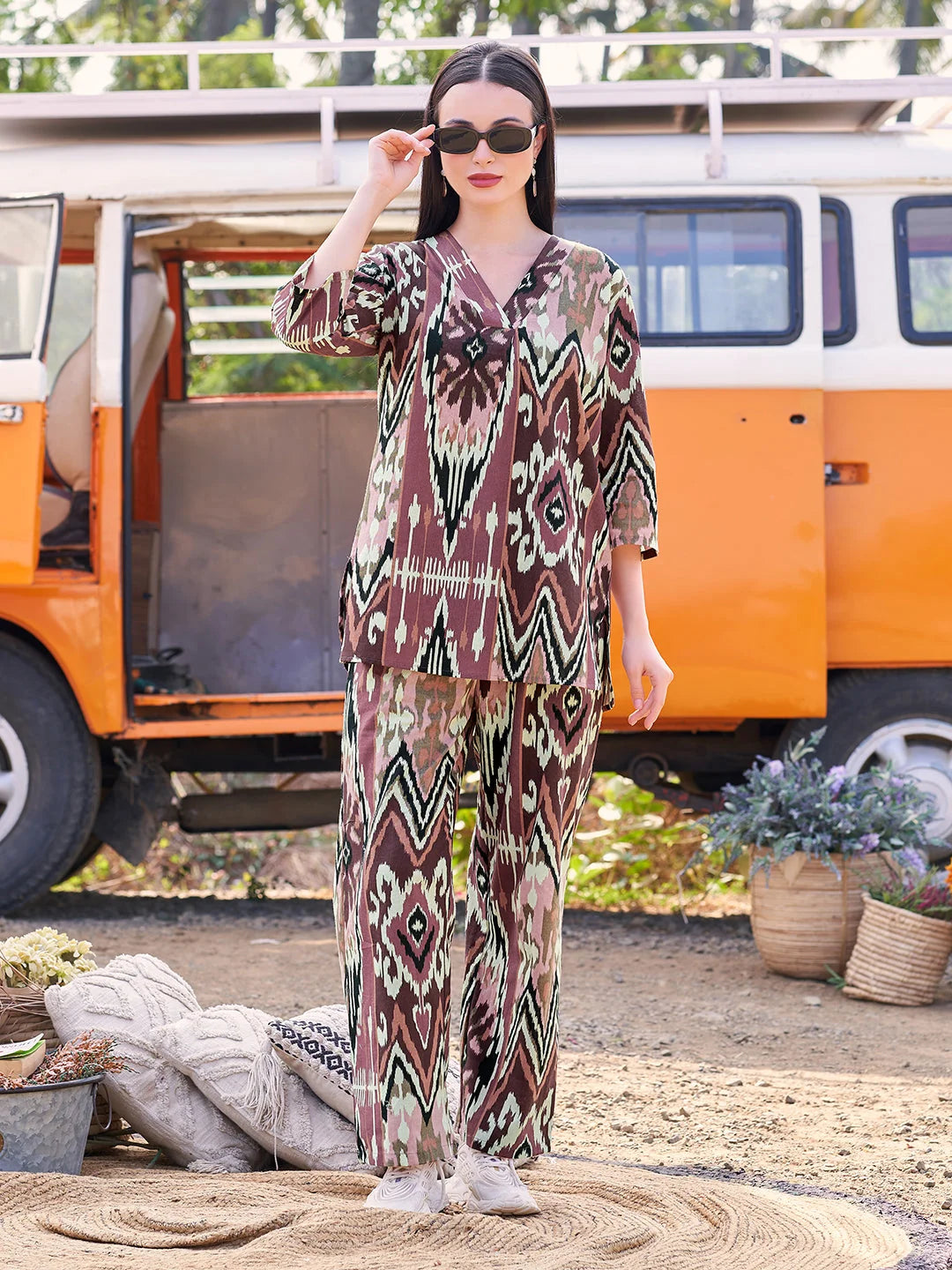 Rust Ikkat Printed V Neck Co Ord Sets Tittli 