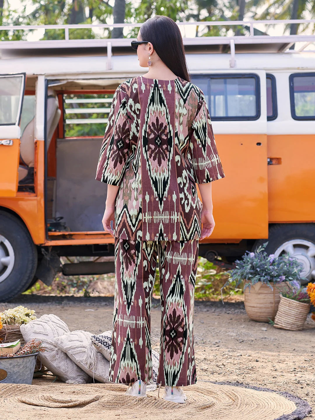Rust Ikkat Printed V Neck Co Ord Sets back view 