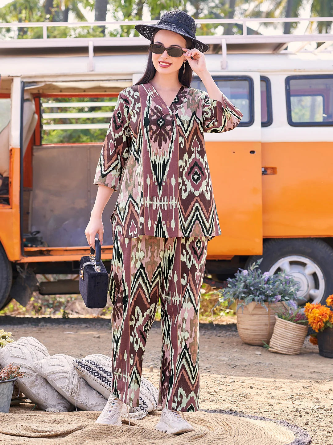 Rust Ikkat Printed V Neck Co Ord Sets complete look 