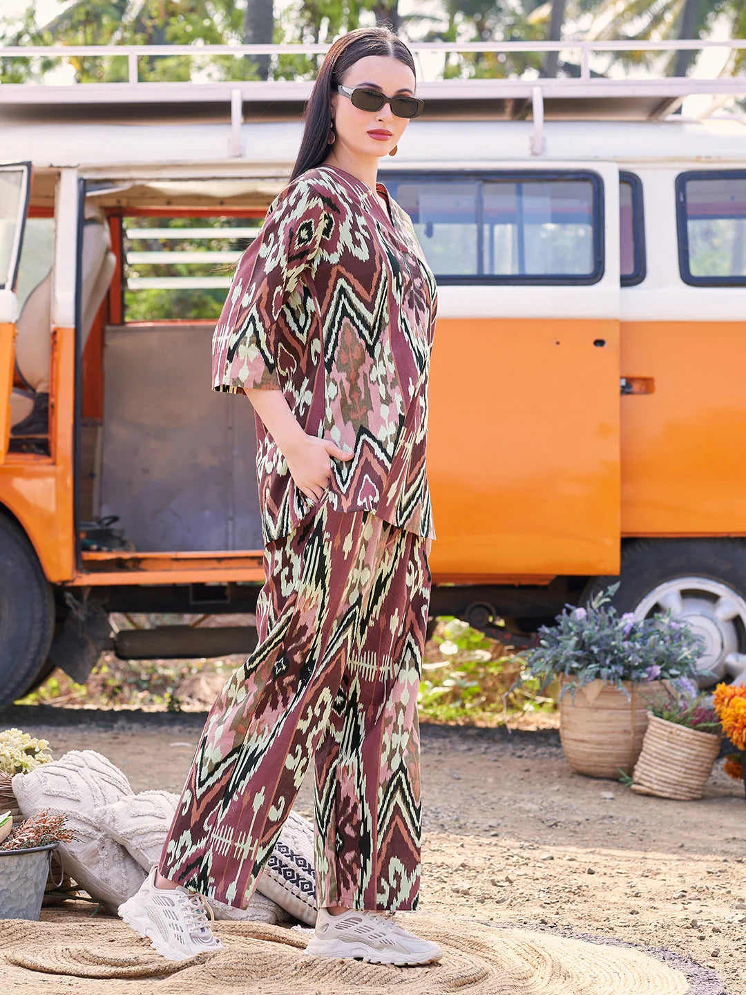 Rust Ikkat Printed V Neck Co Ord Sets online India 