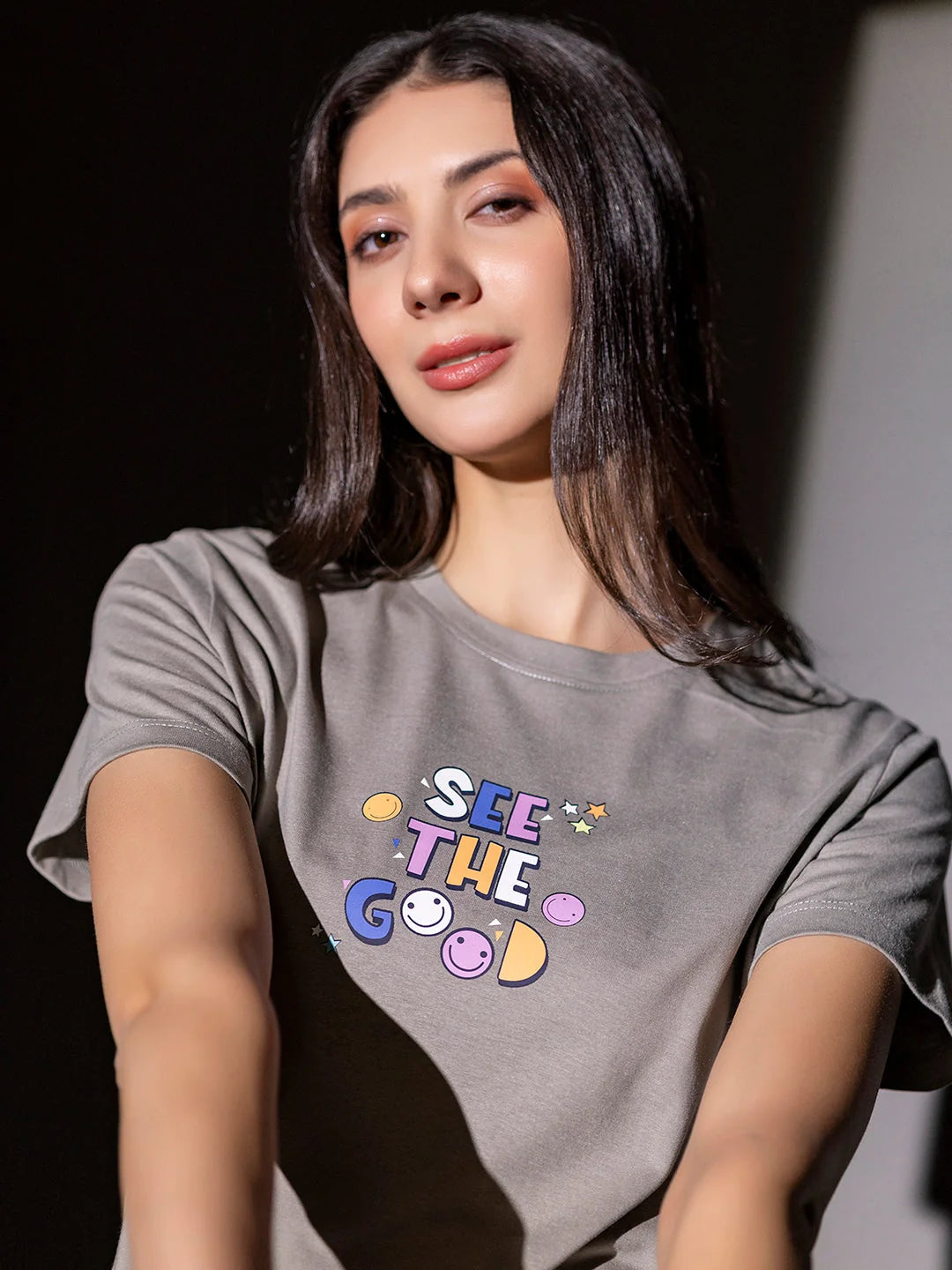 Short sleeve printed t shirts for women Ash STG