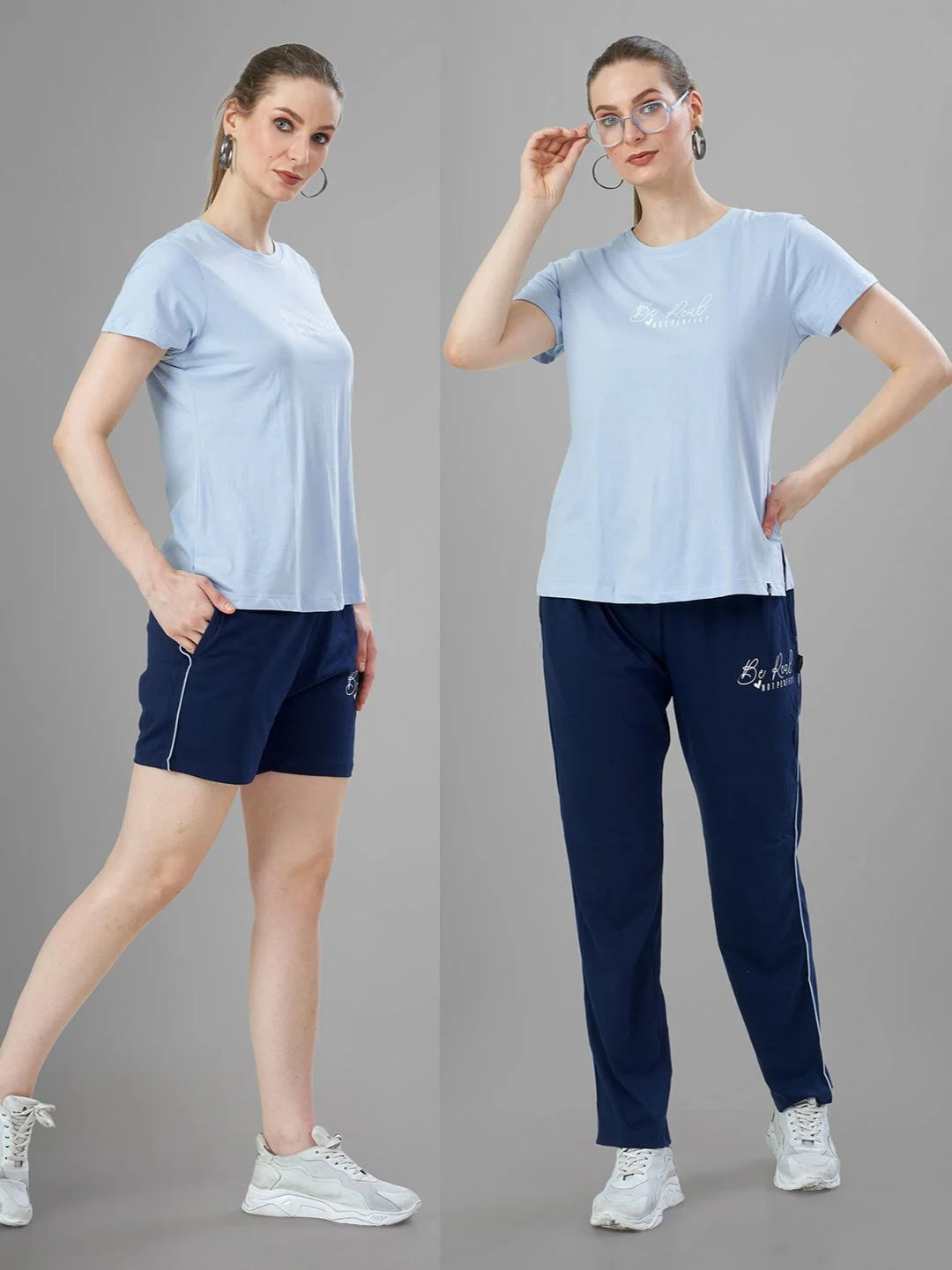 Sky Cotton Short Night Suit for Women side by side view