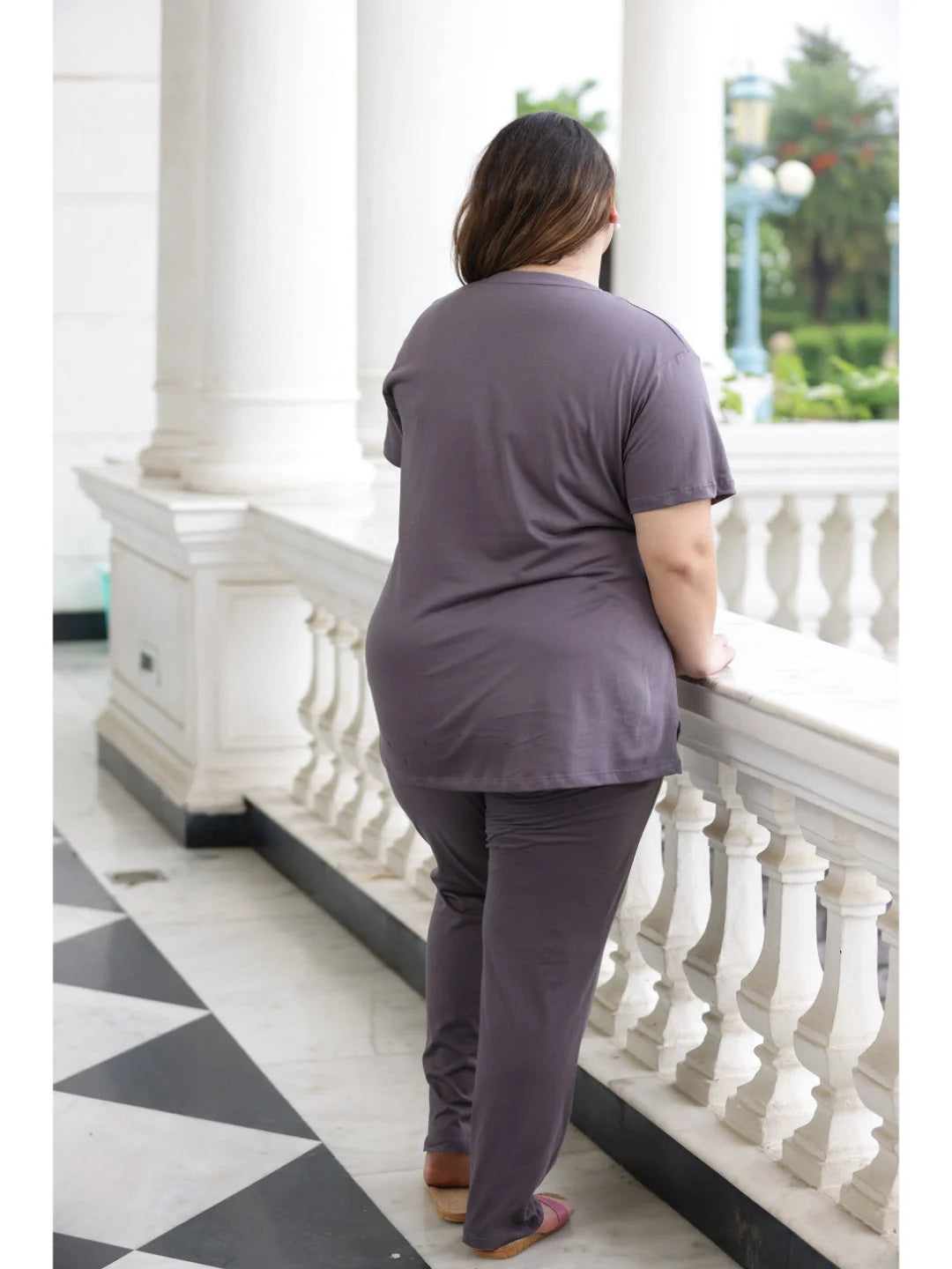 Steel Grey plus size night suit for ladies back view 